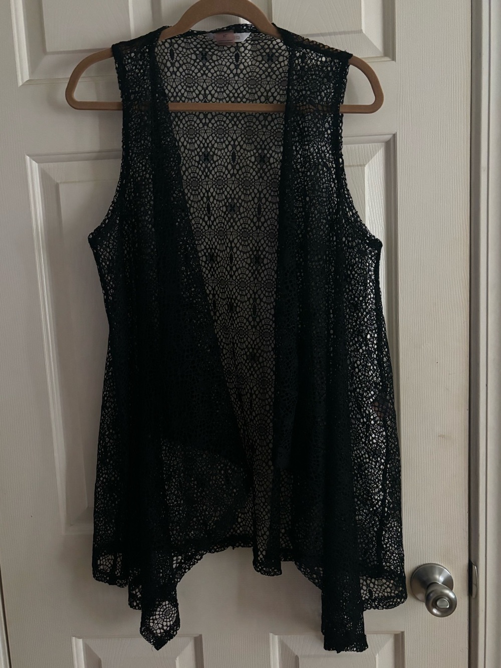 black sheer lace open-front crochet vest.